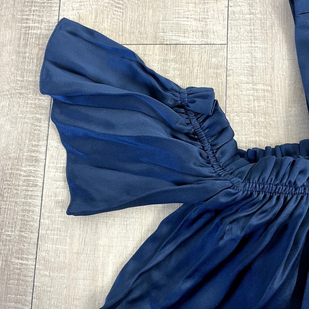 Jill Stuart Satin Top Womens XS Blue Cropped Off Shoulder Pleated Ruffle - Picture 5 of 16